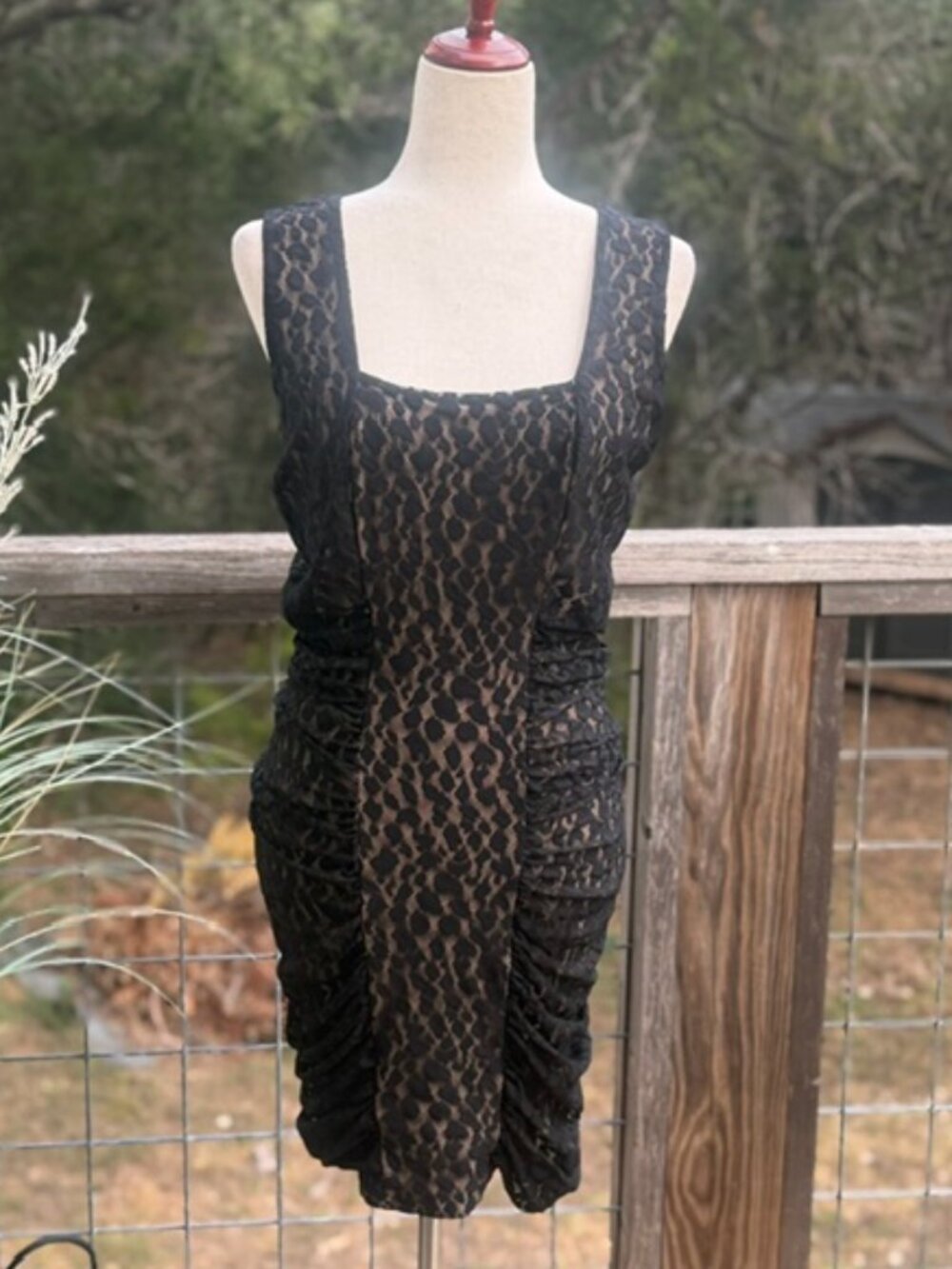 BCBG Renee Lace Ruched Bodycon Dress Size L Black Leopard